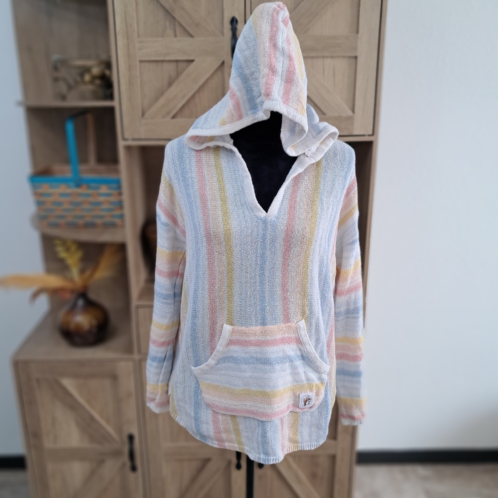 Bucees Knit Hooded Sweater Pastel Colors Striped V-Neck Long Sleeve Beachy Boho - Picture 8 of 12